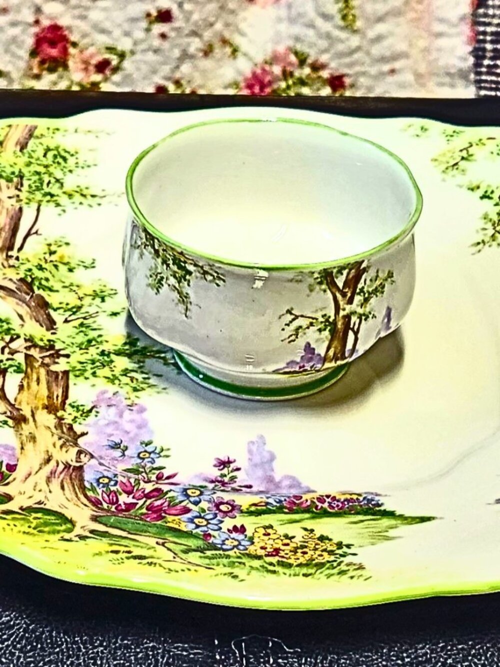 Vintage 1930s Royal Albert Crown England Greenwood Tree Bone China Plate Cup Set